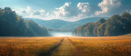 Wall Mural - peaceful journey along a narrow trail meandering through sunlit meadows towards distant mountains beneath a vast expanse of blue sky dotted with wisps of white clouds