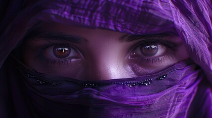 Canvas Print - A close-up shot of a person wearing a purple veil, suitable for use in fashion or mystery-themed images