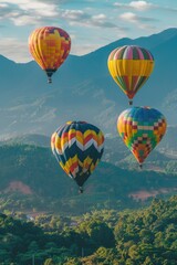 Poster - Group of hot air balloons in flight, set against a backdrop of lush green hillside