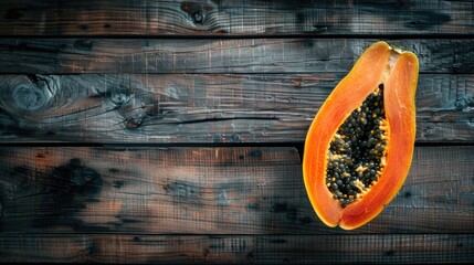 Canvas Print - A papana fruit cut in half on a wooden table, great for still life photography or as a prop