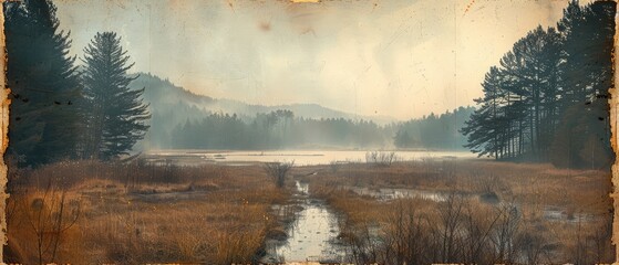 Wall Mural - autumn landscape of a misty forest surrounded by foggy trees and a tranquil river with a stunning sunrise and a sense of beauty and tranquility in the natural scenery