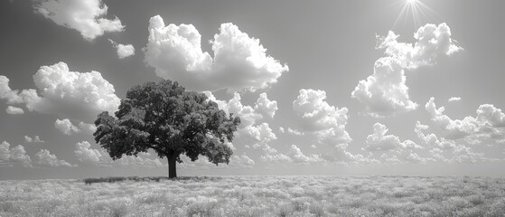 Wall Mural - single oak tree standing alone in a green meadow with a bright blue summer sky and white clouds on the horizon in a scenic countryside scene with a lush lawn