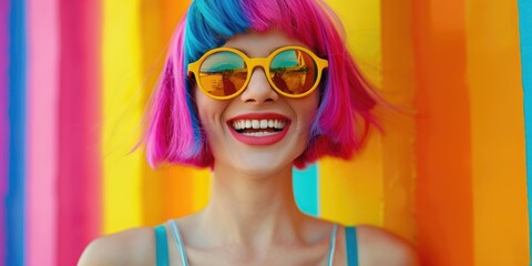 Poster - Portrait of a happy woman with colorful hair and sunglasses, perfect for social media or travel photos