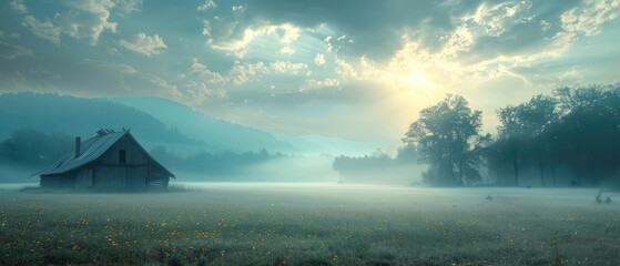 Wall Mural - early morning light gently washes over a peaceful meadow as mist clings to the earth and an old barn stands as a testament to rustic beauty among wildflowers