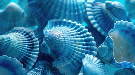Close up image of solid blue exotic seashells in the ocean