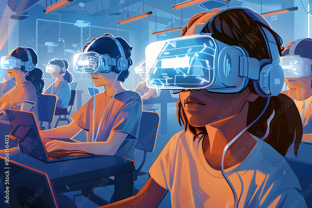 Virtual Transformation Concept art of digital transformation in education with students using ...