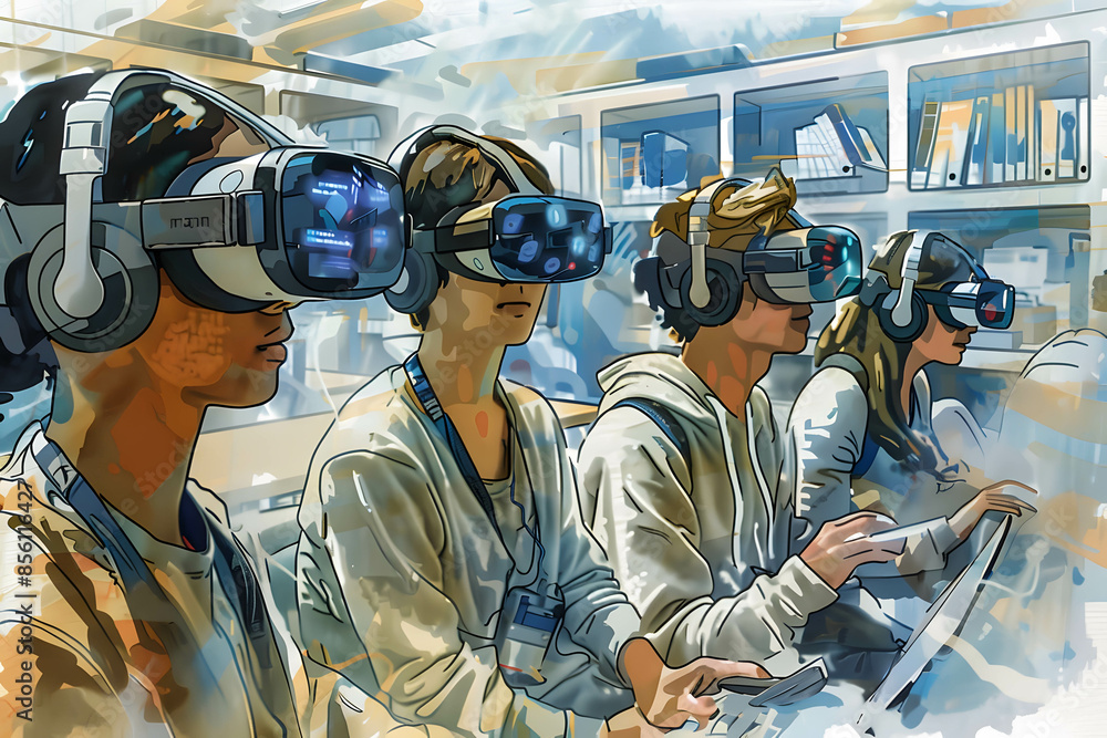 Virtual Transformation Concept art of digital transformation in education with students using ...