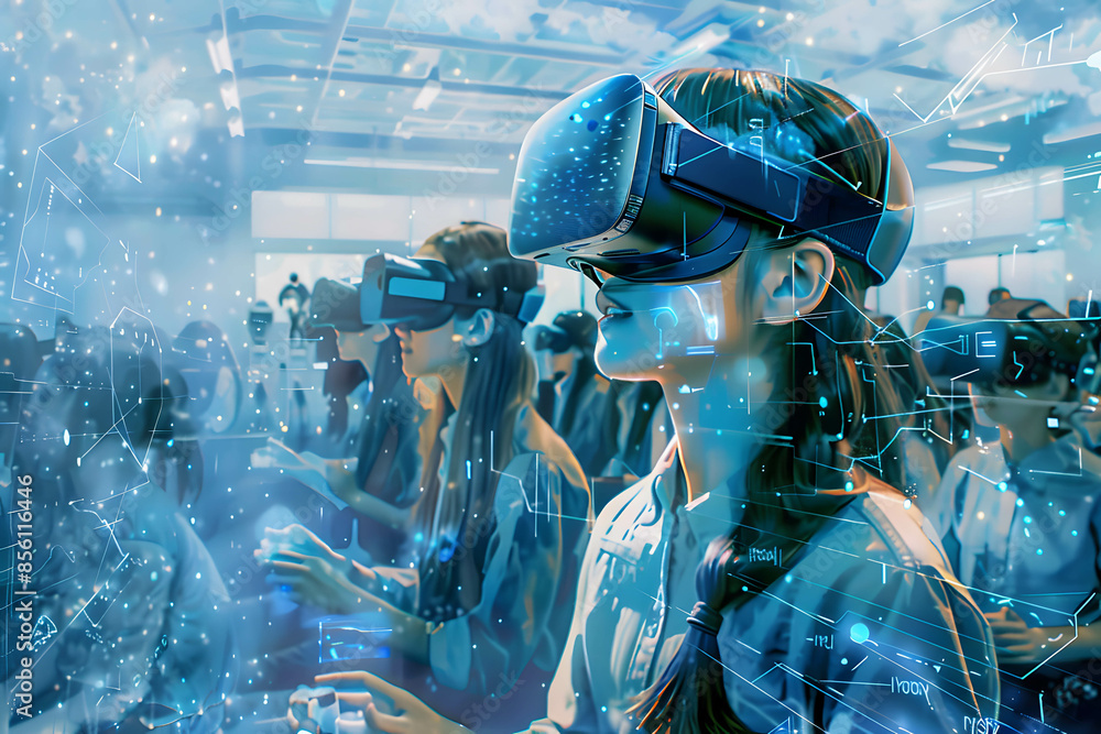 Virtual Transformation Concept art of digital transformation in education with students using ...
