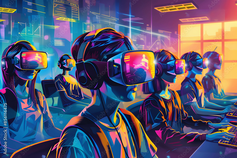 Virtual Transformation Concept art of digital transformation in education with students using ...
