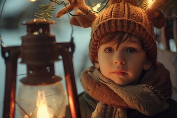 Poster - A young boy holding a lantern in a wintery scene