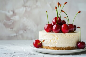 Wall Mural - Cherry-Topped Cheesecake on a White Plate