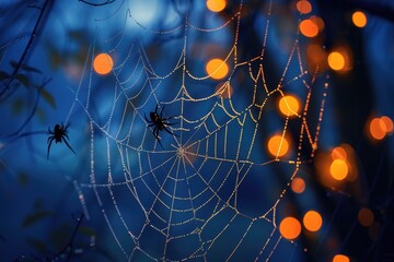 A spider sits at the center of its intricate web, surrounded by sticky threads