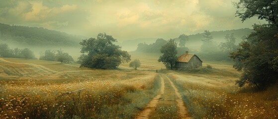 Wall Mural - dawn’s early light bathes an old cabin and wildflower field in a hazy golden glow as a dirt path invites exploration into the tranquil countryside
