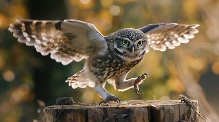 great horned owl adult (bubo virginianus) flying towards camera from oak tree, yellow eyes fixed on camera, wings open and flared showing inside feathers with black barring , north Florida