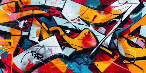 Wall Mural - Graffiti street art abstract mural spray paint background wallpaper Backdrop. Tags, wildstyle throw up, piece, expressive wall painting in blue, yellow, red and white colors