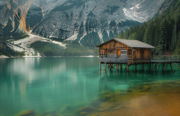 Wall Mural - Lake Braies in the Dolomites region of Italy. The lake is surrounded by green and yellow trees with an old wooden house on stilts on one side