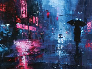 Wall Mural - An atmospheric night-time city street with neon signs, rain-soaked pavement, and a solitary figure walking under an umbrella, evoking a sense of mystery and intrigue