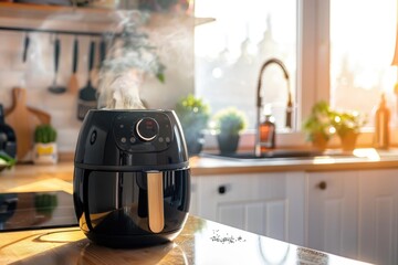 Sticker - A black air fryer sits on top of a kitchen counter, ready for use