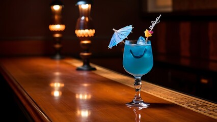 Wall Mural - Blue alcoholic cocktail in a glass on a wooden bar counter