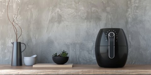 Wall Mural - Air fryer sitting on a wooden table, perfect for cooking and photography