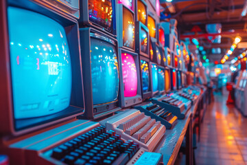 Aufkleber - Vibrant retro computing scene with colorful CRT monitors and neon keyboards,