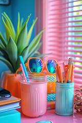 Aufkleber - Bold pink and orange desktop arrangement with colorful organizers and accessories,