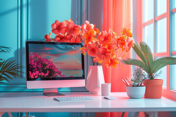 Aufkleber - A vibrant workspace featuring pink and orange elements with a modern touch,