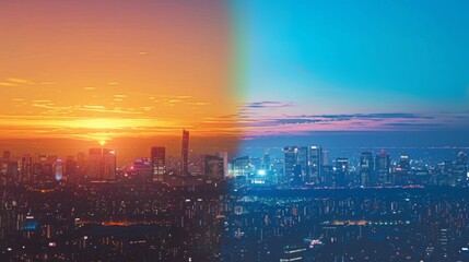 Cityscape divided by a bright orange sunset on one side and a cool blue night sky on the other