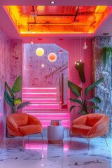Aufkleber - A lively pink and orange workspace with vibrant accents and modern design,