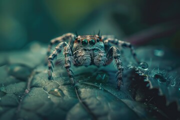 Close-up shot of a spider sitting on a leaf, with intricate details visible