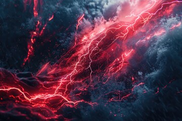 Wall Mural - a dramatic photograph of a lightning storm with red and black clouds, featuring vibrant colors and p