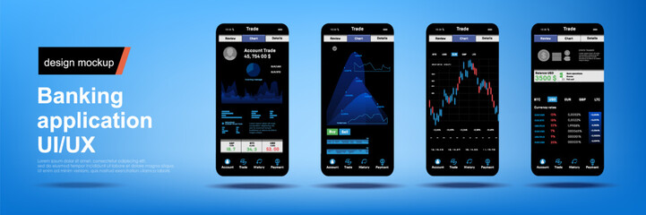 Mobile application with modern trading platform. Presentation platform for smartphone. Modern application on smartphone with stock currency market. User interface on new smartphone and marketplace