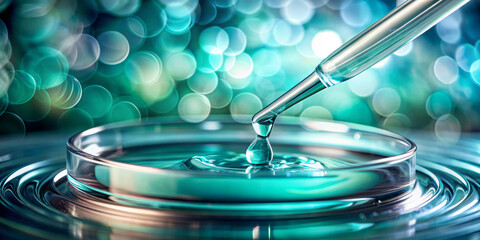 Canvas Print - Pipette dispenses clear liquid into a petri dish, creating a cosmetic product. The background is bokeh with shades of blue and green, emphasizing the scientific or medical nature of this procedure.AI