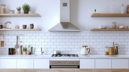 Wall Mural - A kitchen with a stove top oven and shelves for storage