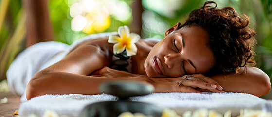 Wall Mural - Woman relaxing on a massage table with a white plumeria flower and black stones. Ideal for wellness centers, spas, or relaxation-themed promotions. Great for marketing materials or social media posts.