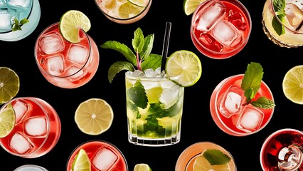 Wall Mural - Cocktails in glass with ice cube isolated on black mojito with lime and mint lemonade bar and restaurant drink party and summer vacation thirst and refresh