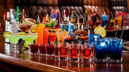 Wall Mural - Several multicolored alcoholic drinks shots on the bar counter