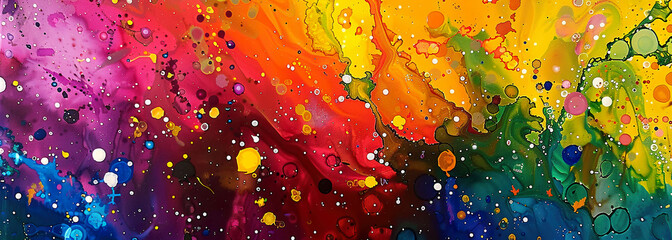 Wall Mural - Abstract rainbow splatter painting background wallpaper backdrop. Expressive art acrylic paint drip, flow, copy space, vivid bright colors