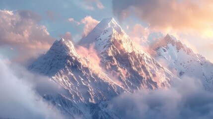 Wall Mural - A majestic mountain range covered in snow, with sunlight peeking through the clouds. 