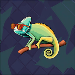 Wall Mural - Chameleon wearing sunglasses on a solid color background vector art digital art generative AI 