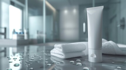 White tube of cosmetic cream on bathroom counter with white towels and water droplets, modern luxury skincare concept