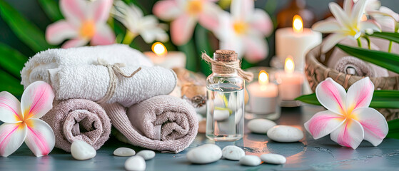 Wall Mural - Spa setup with rolled towels, essential oil, candles, and plumeria flowers on a bamboo mat. Perfect for wellness centers, spas, or relaxation-themed promotions. Ideal for marketing materials or social