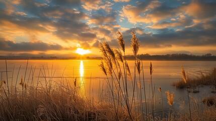 Wall Mural - a sunset over a lake with tall grass in the foreground and a few clouds in the background