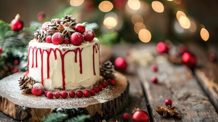 Wall Mural - Christmas Cake on a wooden background with festive decorations