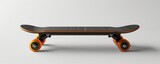 Modern black skateboard with orange wheels on white background, side view. Urban sport and lifestyle concept