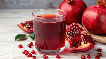 Wall Mural - Cold pomegranate juice in a glass on a light wooden surface