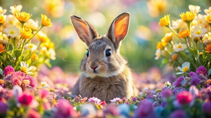 Wall Mural - Cute rabbit surrounded by flowers, rabbit, flowers, cute, adorable, nature, spring, bunny, pet, floral, garden, Easter