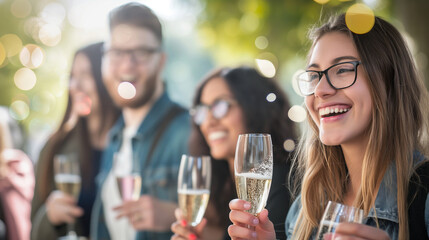 Wall Mural - Student celebrating with a small group after successful defense, champagne and smiles, left third copy space