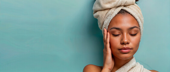 Wall Mural - Young woman with a towel wrapped around her head, eyes closed, and hands on her face against a light blue background. Ideal for skincare, beauty, or wellness promotions. Great for marketing materials 