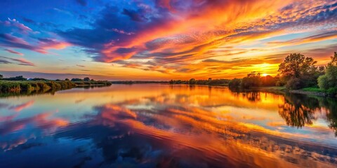Wall Mural - Vibrant sunset reflecting on calm river surface, sunset, river, reflection, water, peaceful, nature, color, serene, evening